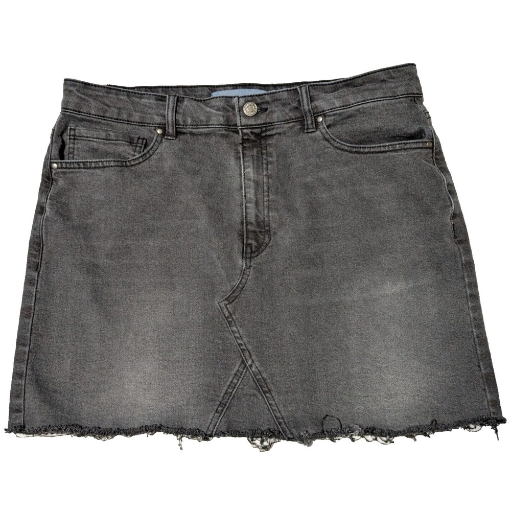 INDIGO RISING Women Large (34x15) Gray Fringe Hem Stretch Denim Mini Skirt